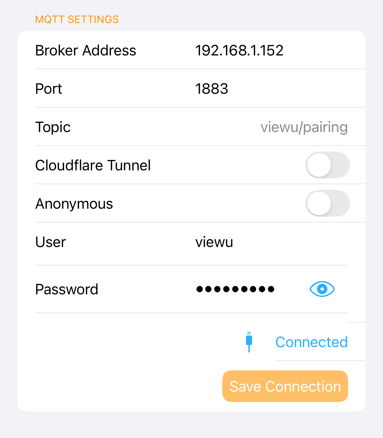 Viewu Settings → MQTT (typical LAN broker)