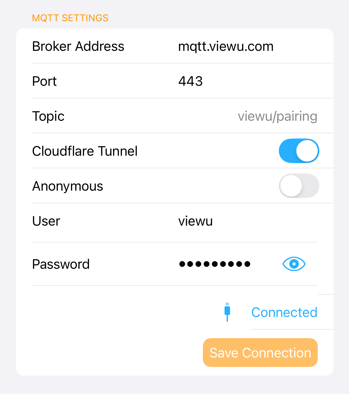 Viewu Settings → MQTT (Cloudflare Tunnel + Access)