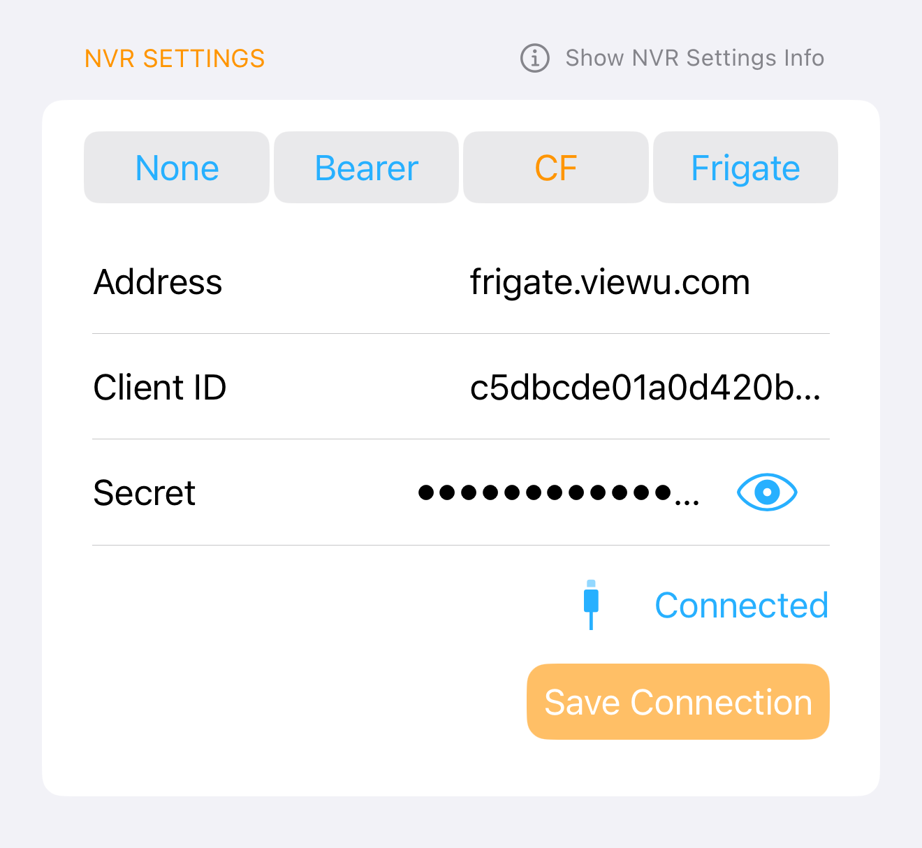 Viewu Settings → NVR (Cloudflare Access headers)