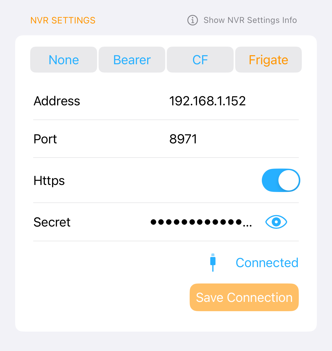 Viewu Settings → NVR (Frigate auth example)